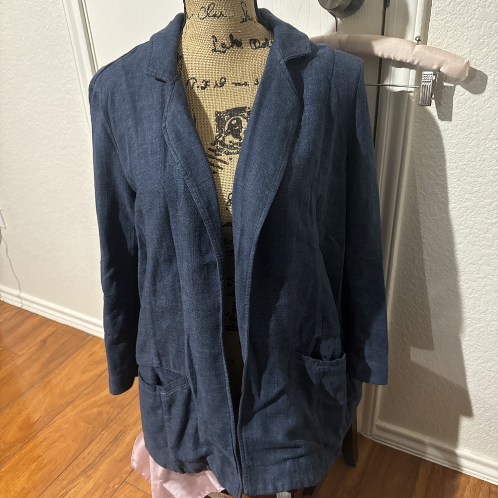 anthropologie A Classy Woman's Blazer Jacket Size 5 Linen Blend Blue NWOT